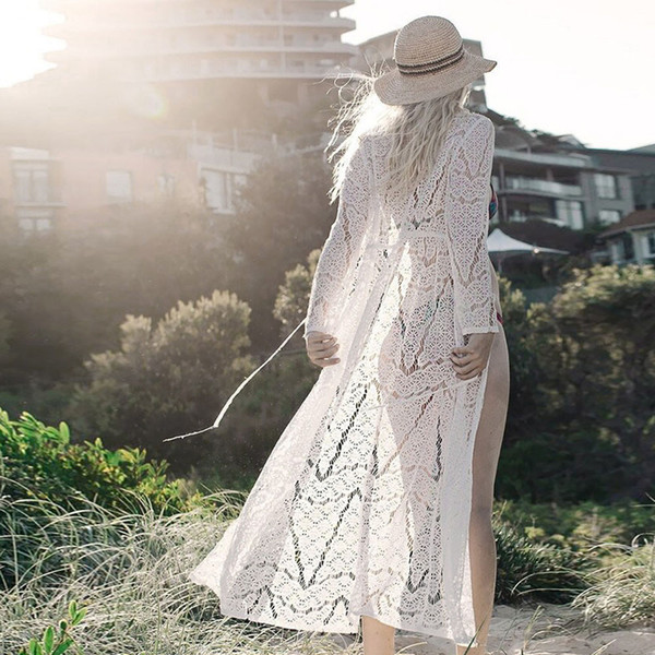 New Spring Women Maxi Women Chiffon Cover Up Swimsuit Boho Beach Bikini Maxi Cover Up Lace Kimono Coat tunica