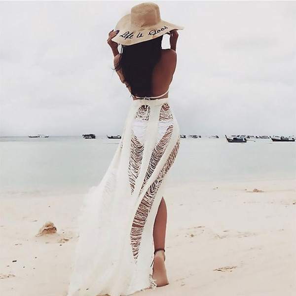Crochet Beach Dress Women Tassel Fringed Cover Ups Beachwear Fishing Net Bikini Cover Cut Out Swimsuit Covers Swimming Suit