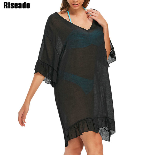 wholesale New 2018 Sexy Cover Ups Beach Dress Swimwear Women Deep V Solid Transparent Mesh Beach Wear Ruffle Bathing
