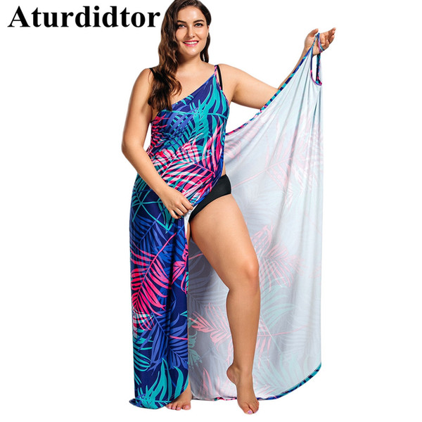 Tropical Leaf Print Plus Size Cover Up Maxi Dress Plus Size Beach Dress Cover Up Cover-Ups Big Size Tankini Beachwear Women