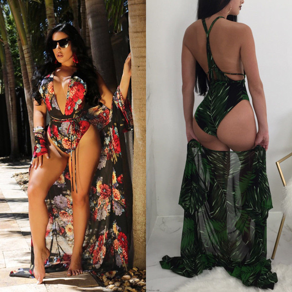 2018 Hot 2Pcs Set Women Beachwear Bathing Cover Up Push Up Padded Bikini Swimsuit Swimwear Print Sexy Bating Beach