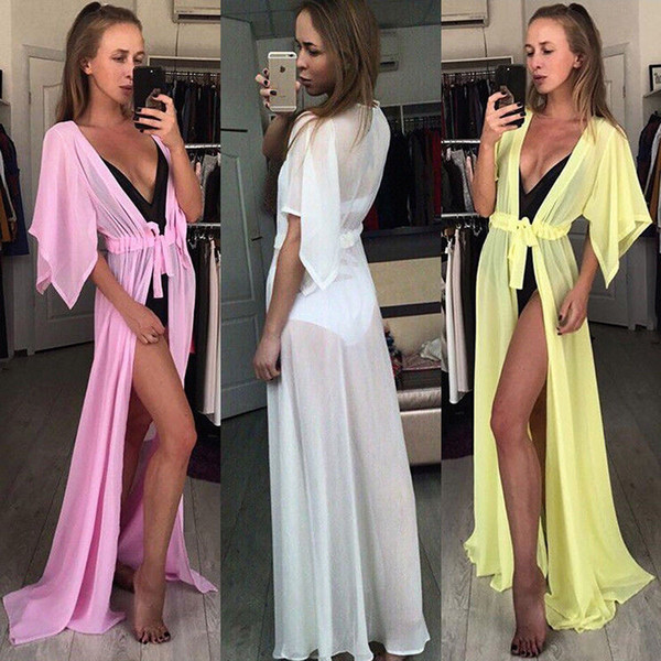 Hot Sale Women Chiffon Beach Bikini Cover Up Cardigan Swimsuit Cover Up Lace-up Pure Color Wrap Beachwear Long Swimwear