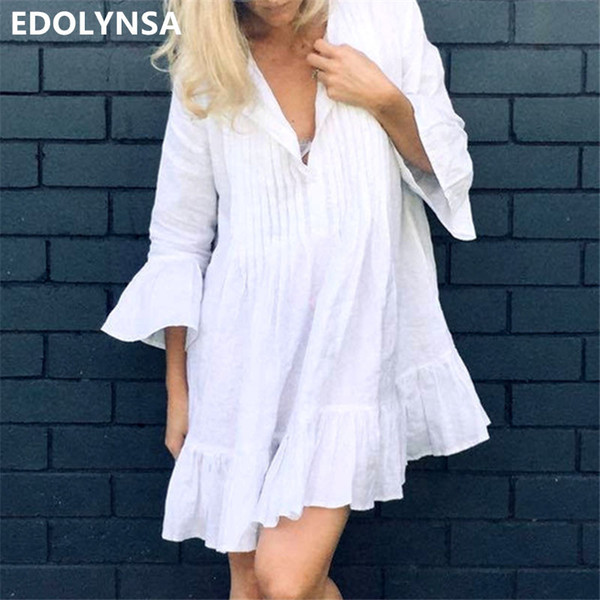 Women Swimsuit Cover Ups Mandarin Sleeve Kaftan Beach Tunic Dress Robe De Plage Solid White Cotton Pareo Beach Cover Up