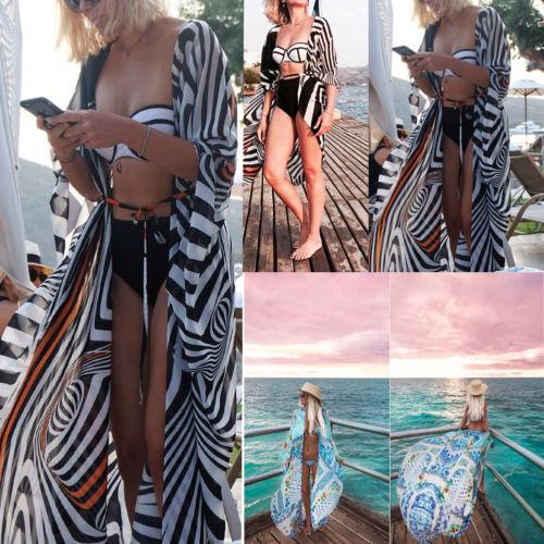 New Chiffon Floral Stripe Pareo Beach Cover Up Women Cardigan Bathing Bikini Swimwear Cover Up Beach Long Dress Sarong