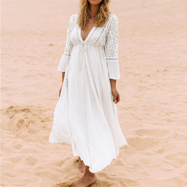 wholesale Women Lace Splicing Bikini Cover Up Long Beachwear Pareo Beach Tunic Dress Cotton White Loose Beach Sarongs kaftan