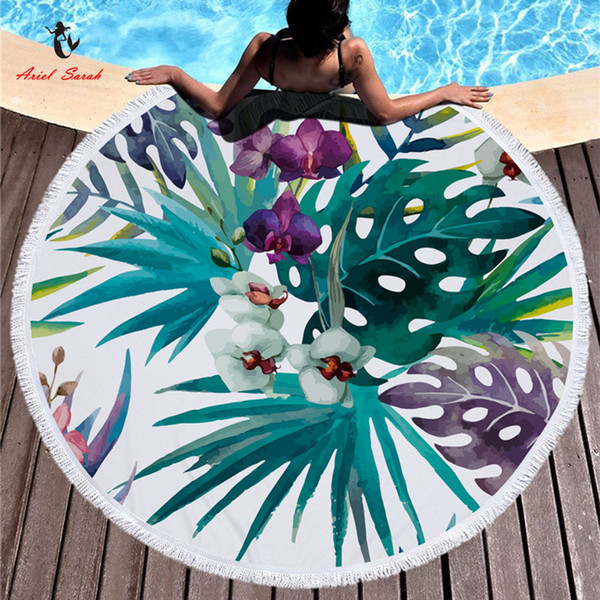wholesale Hot Round Beach Towel Green Leaf Beach Towel with Tassels Microfiber Picnic Blanket Mat Tapestry