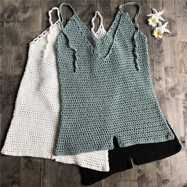 2019 Women Cover up Pure color Hollow out knitted crochet beachwear backless bathing Rompers Newest Deep V bandage bikinis