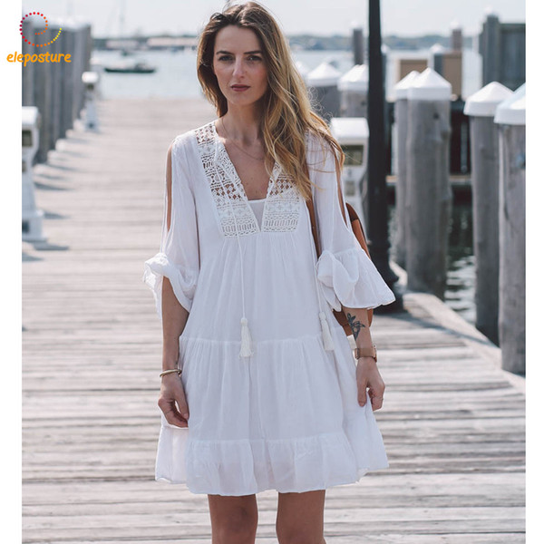 2019 New Sexy Beach Cover Up White Beach Dress Women Bikini Cover Up Crochet Hollow Out Bathing Suit Cover Ups Summer