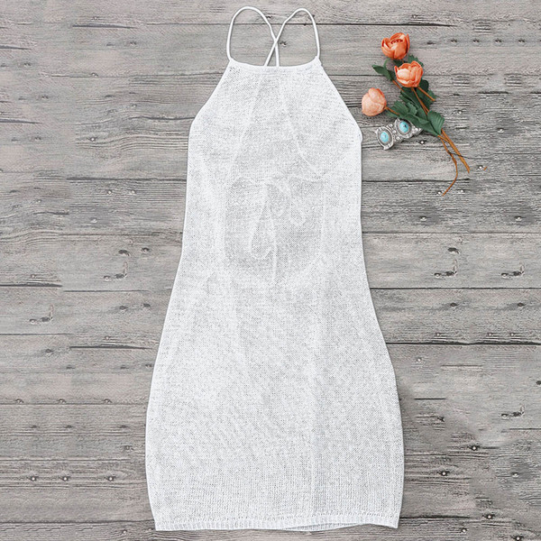 wholesale Strappy Open Knit Beach Cover Up Dress Women Sexy Beachwear Pareo Crochet Swimwear Bikini Cover Up Bathing Suit Cover