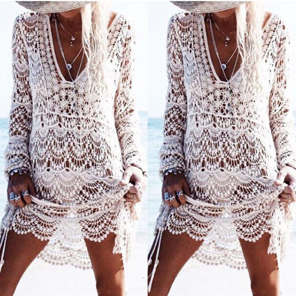 Sexy Sarongs Bikini Beach Lace Kintted Embroidery Crochet Beach Cover Up Bathing Suit Pareo White Robe De Plag Women