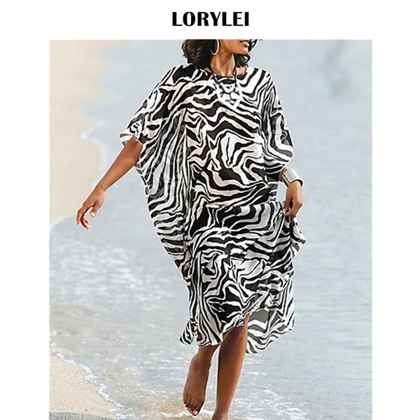 Sexy See Through Zebra Stripe Batwing Sleeve Beach Dress Tunic Women Beachwear Bikini Cover Up Pool Party Robe De Plage