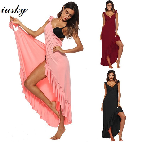 wholesale New Ruffles Cover Ups Wrap Beach Long Dress Tunic Saida De Praia 2018 Summer Women Tunics Sarong Bikini Cover