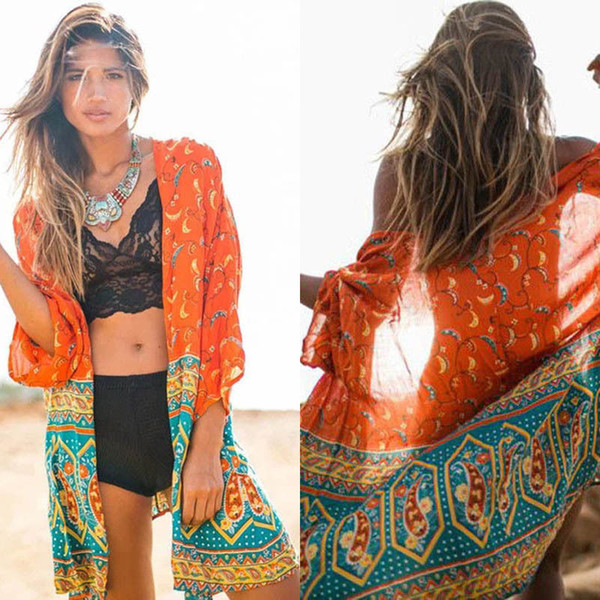 2017 Beach Caftan Swimsuit Cover up Print Chiffon Pareo Women Robe Plage Swimwear Dress Sexy Sarong Beach Wear Tunics For