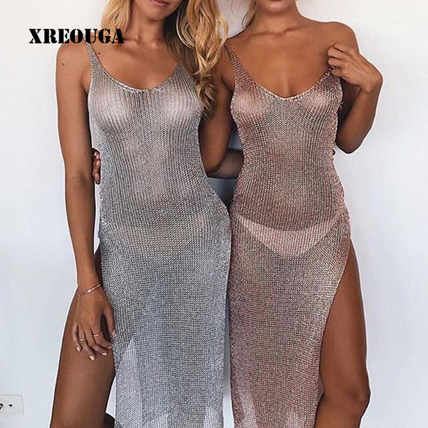 2017 Women Beach Cover Ups Mesh Sexy Hollow Tunic Sarongs Beachwear Halter Split Bathing Suit Swimsuit Pareo Sun Dresses