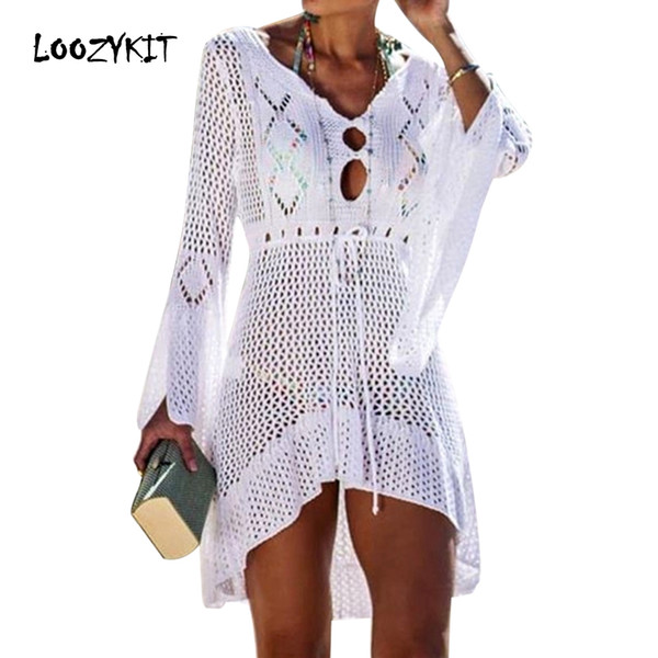 Loozykit 2019 Women Crochet Knitted Cover Up Dress Beach Tunic Long Pareos Bikini Cover Ups Bathing Suit Beachwear Robe