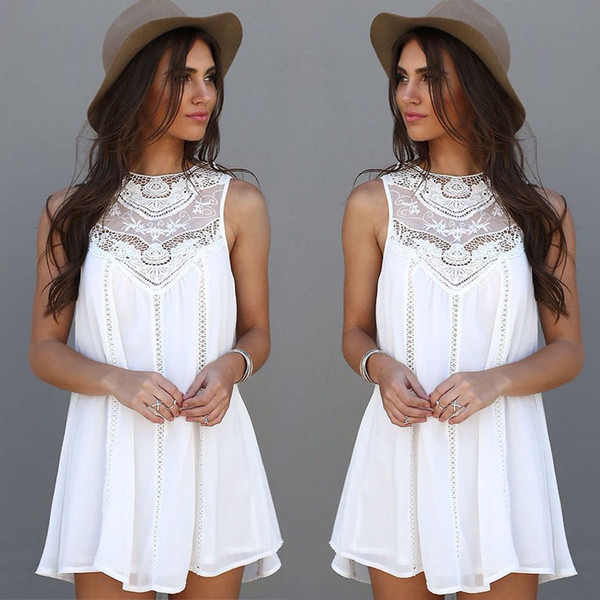 Women Summer Beach Wear Crochet Tunics Dresses Sleeveless Flower Embroidery Lace Shirt Hollow Out Cover Ups Saida De