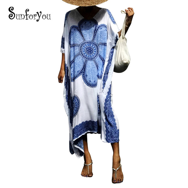 Print Beach Dress Cotton Beach Cover up Robe de Plage Women Tunic Sarong Bathing Suit Cover ups Long Beach Pareo Swim cover