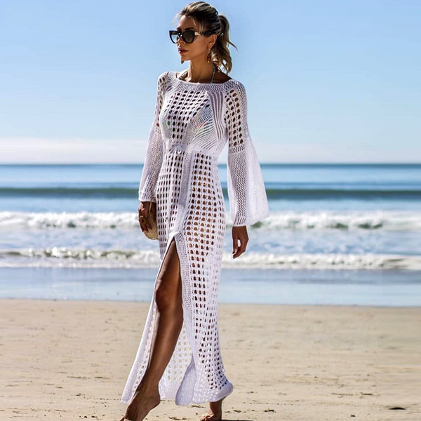 2019 New Bikini Cover Up Beach Dress Crochet Knitted Beachwear Women Biquini Summer White Swimsuit Cover Up Sexy See-through Beach Dress