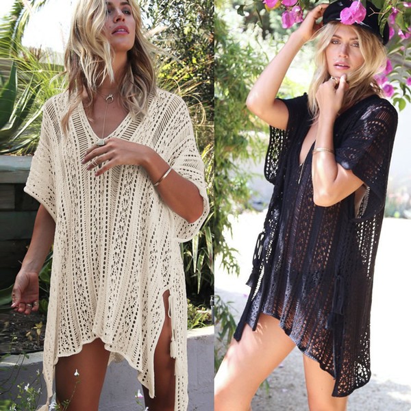 2019 New Beach Cover Up Bikini Crochet Knitted Tassel Tie Beachwear Sexy See-through Beach Dress Summer Swimsuit Cover Up