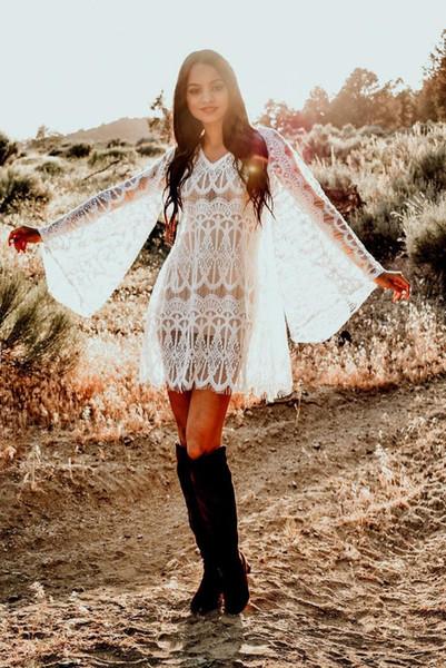 2019 New Women Swimwear Lace Crochet Bikini Cover Up Sexy Hollow Out Pagoda Sleeve Beach Dress Swimsuit Bathing Suit Summer