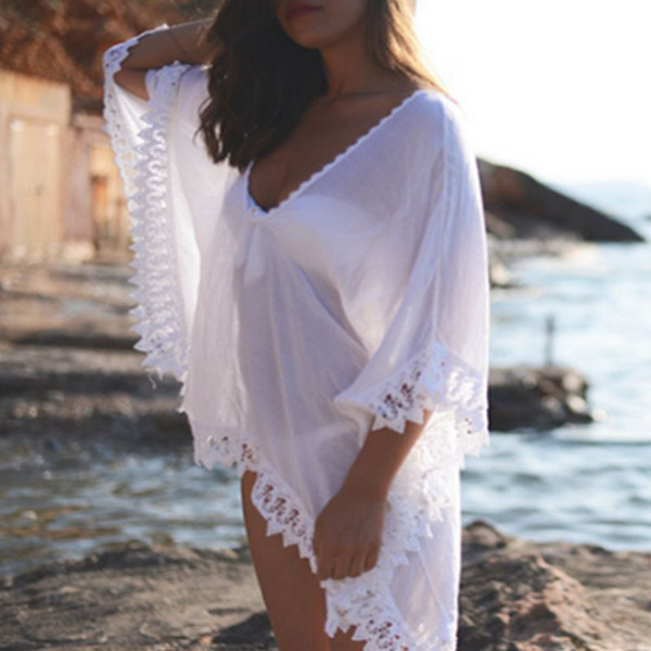 wholesale 2019 Sexy Pareo Women Beach Cover Up Swimwear Lace Crochet Beach Tunic Summer Beach Wear Solid Bikini White