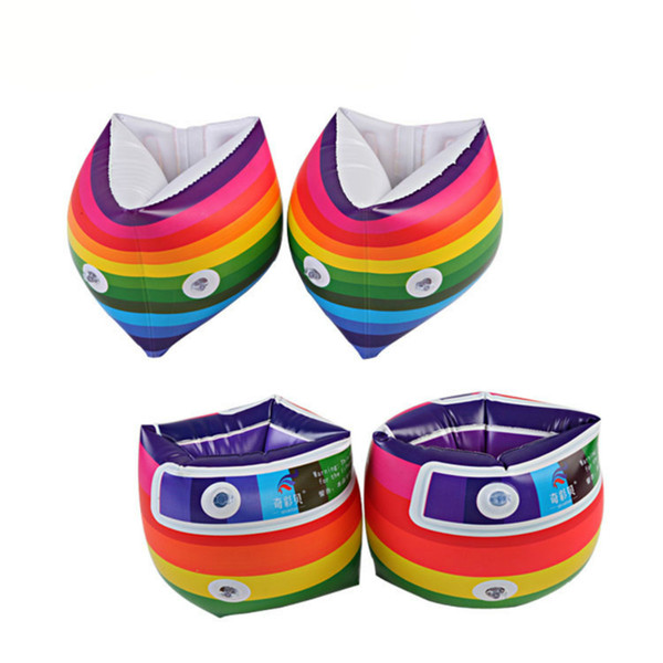 Inflatable Rainbow Swimming Arm Bands Children Roll-up Arm Sleeve Swimming Rings Tube for Beginner, 1 Pair