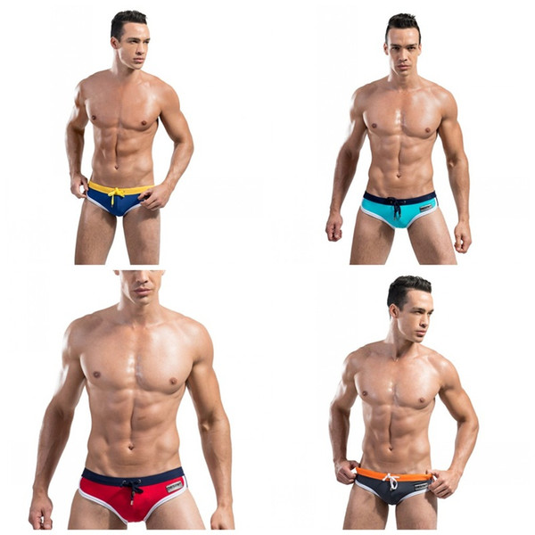 Men Swimming Trunks Low Waist Swim Pants Opp Bag Sandy Beach Briefs Sexy High Elasticity Polyurethane Fibre Blue Black 20tp C1