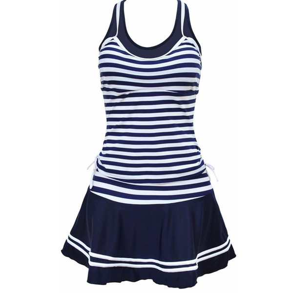 wholesale Women School Sporty Style Swimwear Navy stripes Print Tankinis Two Pieces Dress Swimsuits Plus Size