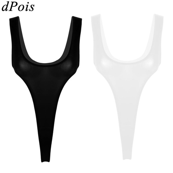 Sexy Women Bodysuit High Cut Thong Leotard Sleeveless One Piece Swimsuit Deep U Scoop Neck See Through Erotic Lingerie