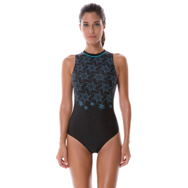 Women's Printed High Neck Athletic Training with Zipper One Piece Swimsuit
