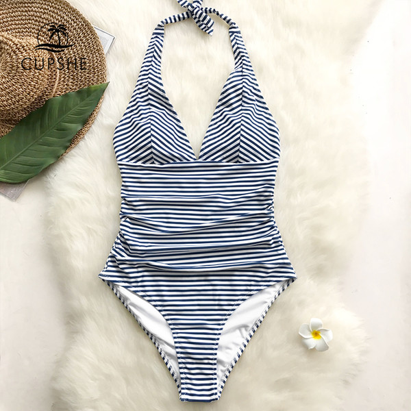 wholesale Dark Blue And White Striped Self-tie Halter One-Piece Swimsuit Women V-neck Backless Monokini 2019 Girl Beach