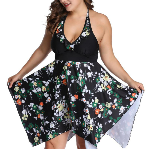 2019 New Summer Plus Size 6XL Tankini Set Women Swimwear Two Piece Print Halter Backless Swimsuit Swimming Dress Bathing