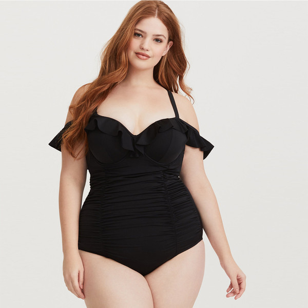 Plus Size Women One-piece Swimwear Off Shoulder Ruffle Monokini Push Up Swimsuit Ruched Slimming 2019 Vintage Beach Bathing