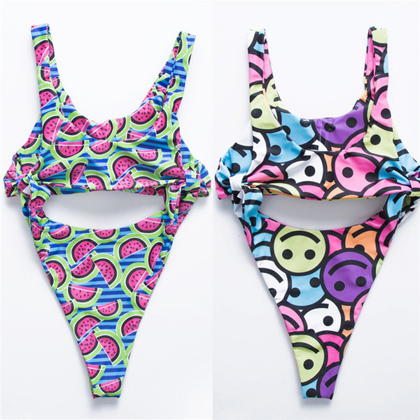 2019 Womens One-Piece Swimsuit Bandage Cut out Bikini Push-up Padded Bathing Suit Smiling face Funny Watermelon