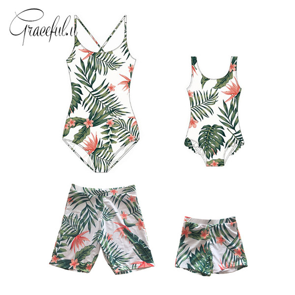 2018 Parent-child Swimsuit Mom Daughter Son Baba Swimwear Tropical Plant Print One-piece Swimsuit Family Beach Bathing
