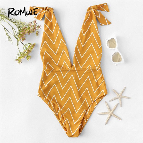 Romwe Sport Yellow Chevron Self Tie V-Plunge One Piece Swimsuit Beach Vacation Red Wireless Monokinis Women Summer Sexy