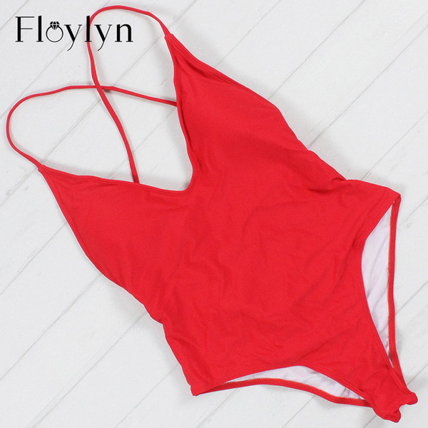 Floylyn New Arrival Candy Color Women One Piece Swimsuit Sexy Bandage Padded Brazilian Push Up Solid Red Color Hot