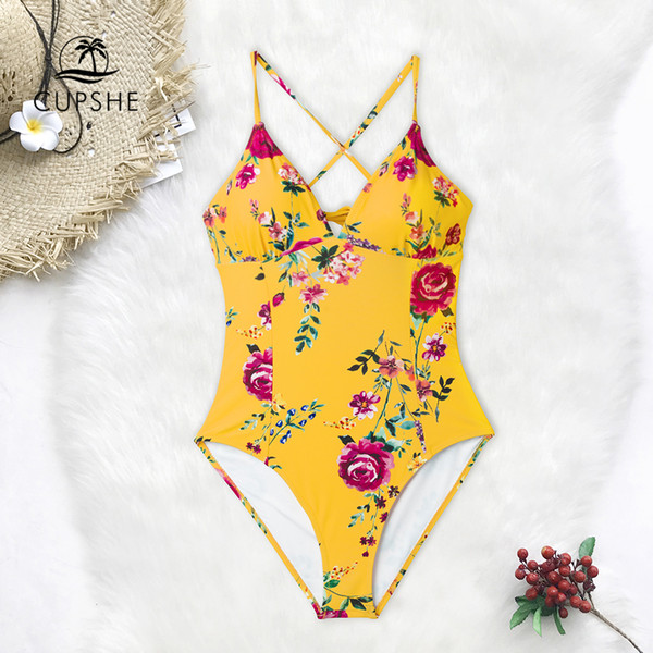 wholesale Yellow Floral Backless One-Piece Swimsuit Women Sexy Cross Monokini Swimwear 2019 Girl Beach Bathing
