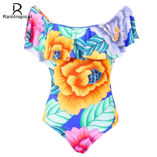 2017 Off shoulder One Piece Swimsuit Floral Women High Cut Ruffle Swimwear Sexy Beach Swimming suit Print Bathing Suit