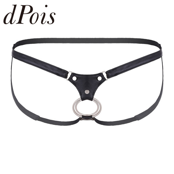 Sexy Mens Lingerie Faux Leather Open Back Hollow Out Jockstrap Low Rise Bikini G-string Underwear with Metal Rings