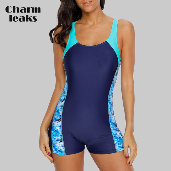 Charmleaks One Piece Women Sports Swimsuit Athletic Racerback Swimwear Pad Bikini Boyleg Beach Wear Bathing Suits