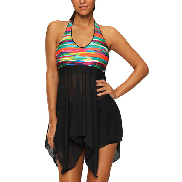 Open Back Printed Swimdress and Black Shorts 2017 Women Two Pieces Tankini Swimsuits Skirt Beachwear Large Cup Plus Size