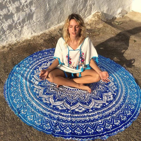 160cm Large Round Beach Towel Blue Lotus Flower Swimming Bath Towel Blue Peony Serviette Indian Mandala Tapestry Wall Hanging Throw Towel