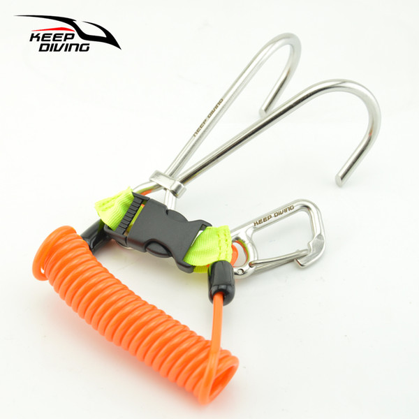 316 Stainless Steel Double Reef Hook with Spiral Coil Lanyard & Quick-release Buckle & O-ring Scuba Diving BCD Safe Equipment