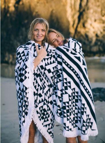 Geometric Print Beach Towel With Tassel Round Swimming Bath Towel Black White Gypsy Tapestry Wall Hanging Throw Towel Picnic Mat