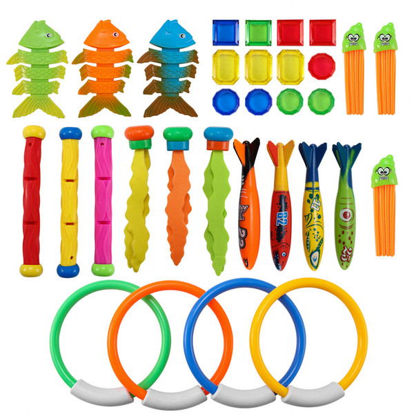 32pcs Diving Game Toys Set Underwater Swimming Toy Diving Rings Torpedo Treasures Dive Training Gift for Kids Summer Fun