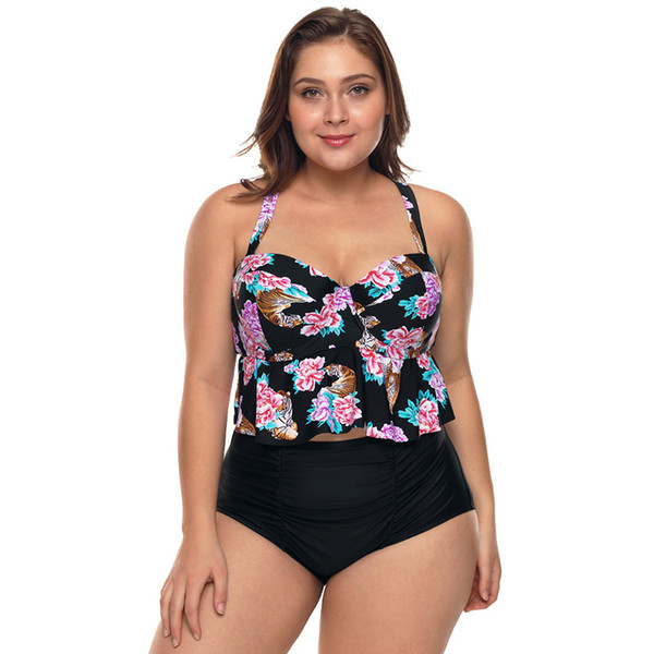 New Fashion Plus Large Size Bikini New Printed Sling High Waist Hem Conservative Split Swimsuit jooyoo