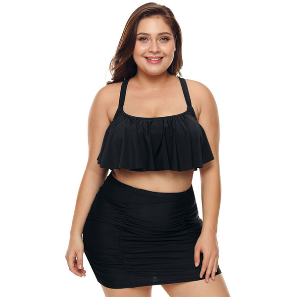 Black Split Swimsuit No Steel Support Cup Cotton Detachable Gathered Bikini Sexy Ruffled Swimsuit Women jooyoo