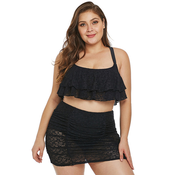 New Fashion Sexy Swimwear Two-piece Black Ruffled Lace Bikini High Waist Plus Large Size Swimsuit jooyoo