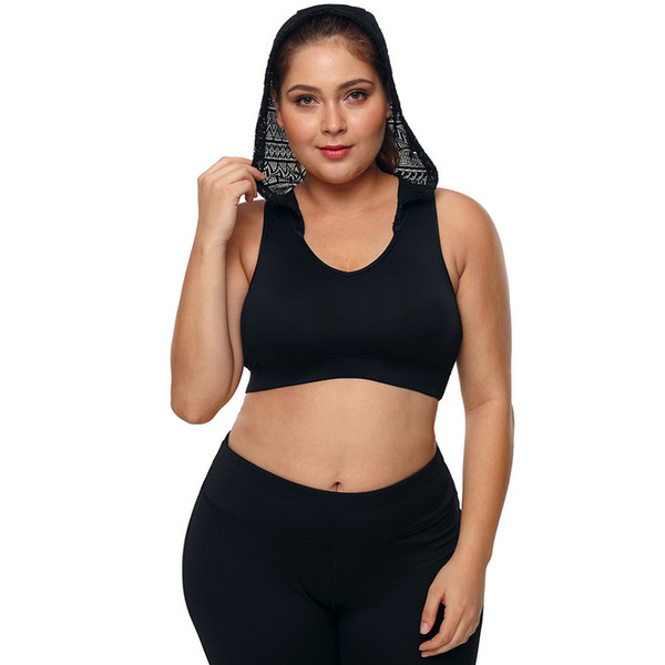 New Fashion Sports Bra Black Lace Hooded Low Collar Sleeveless Plus Large Size Short Yoga Vest jooyoo